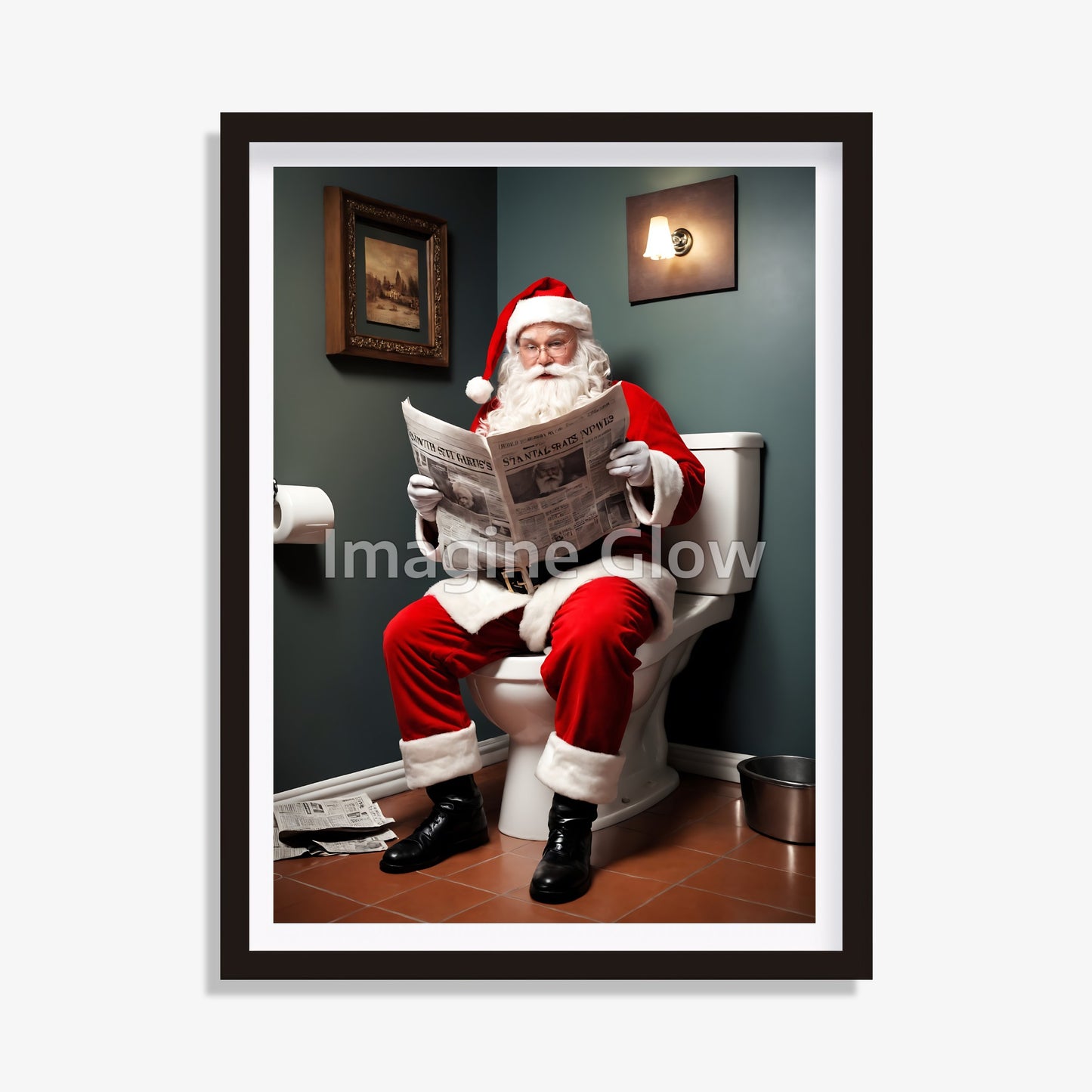 Festive holiday decor featuring Santa Claus reading a newspaper, available as printable art.