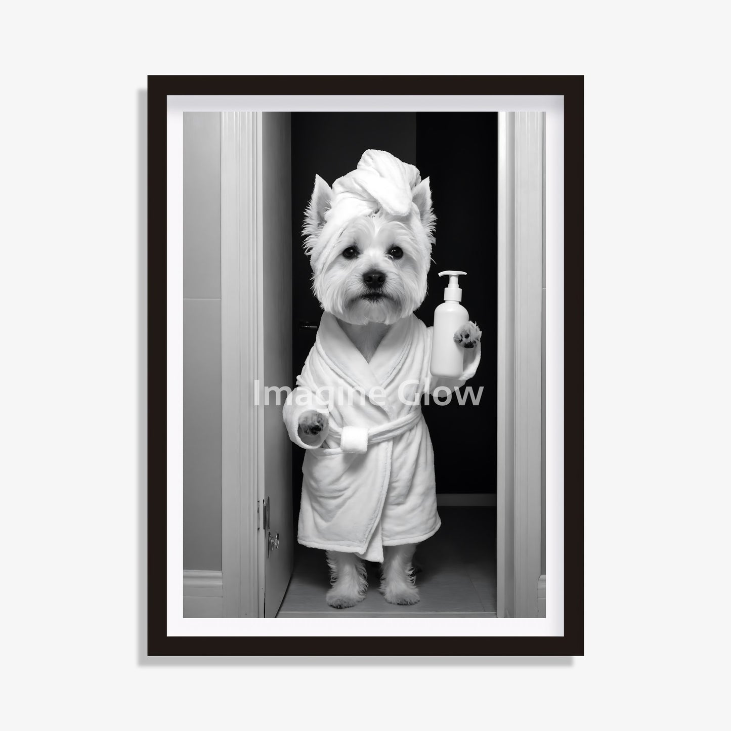 West Highland White Terrier dog in toilet black and white artwork.
Humorous Westie bathroom decor printable