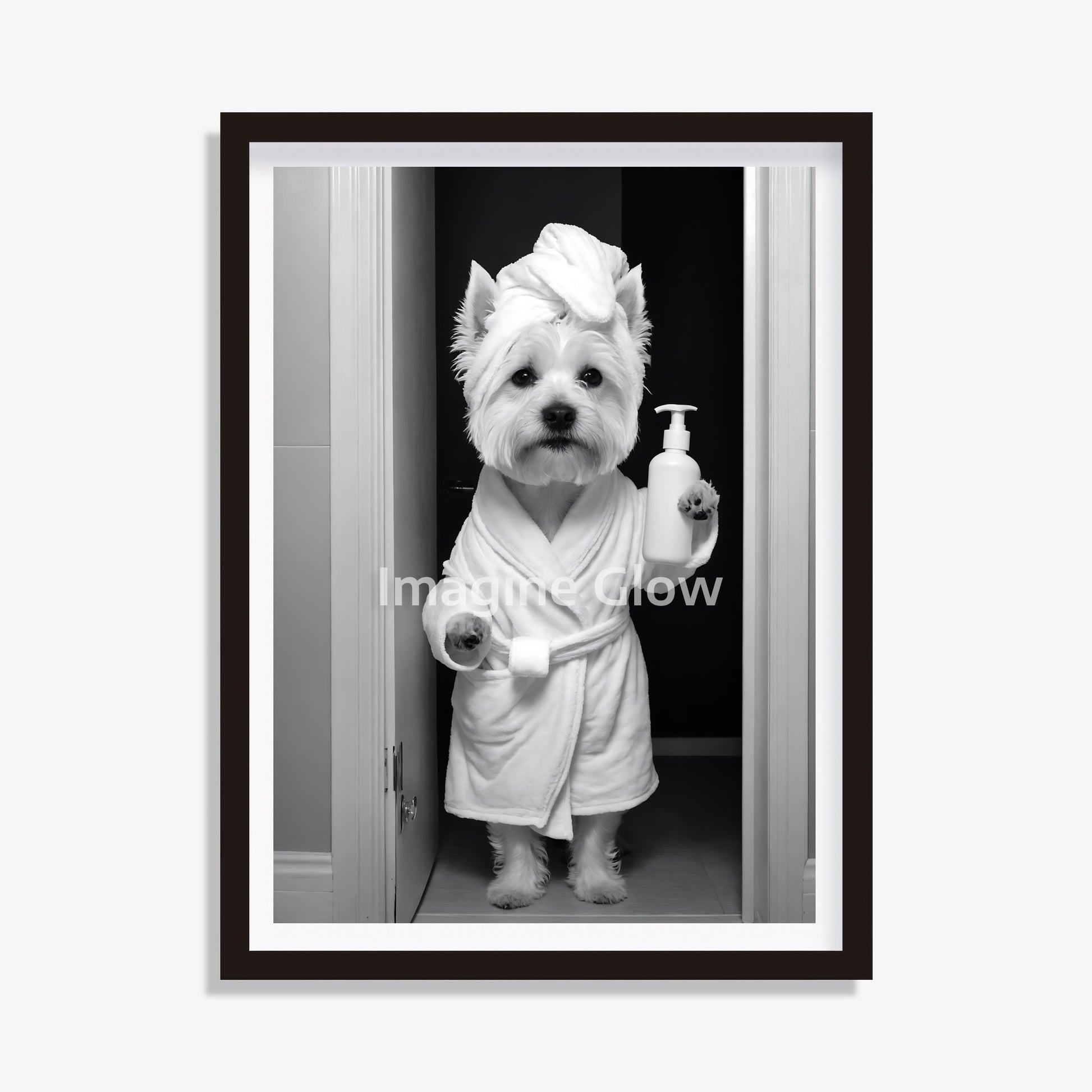 West Highland White Terrier dog in toilet black and white artwork.
Humorous Westie bathroom decor printable