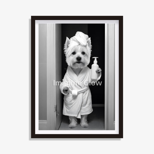 West Highland White Terrier dog in toilet black and white artwork.
Humorous Westie bathroom decor printable