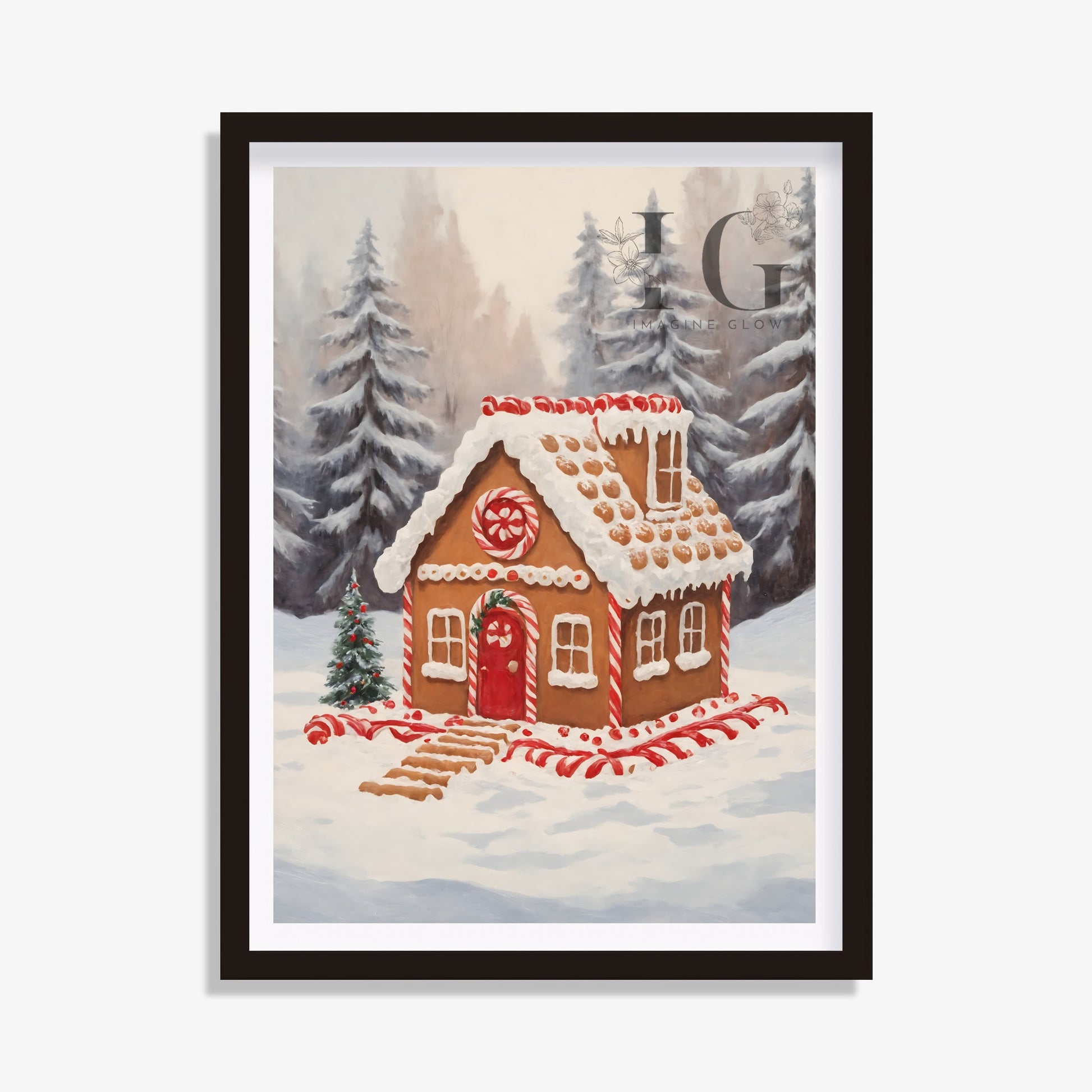 Festive gingerbread house art, perfect for holiday wall decor in Christmas-themed spaces.