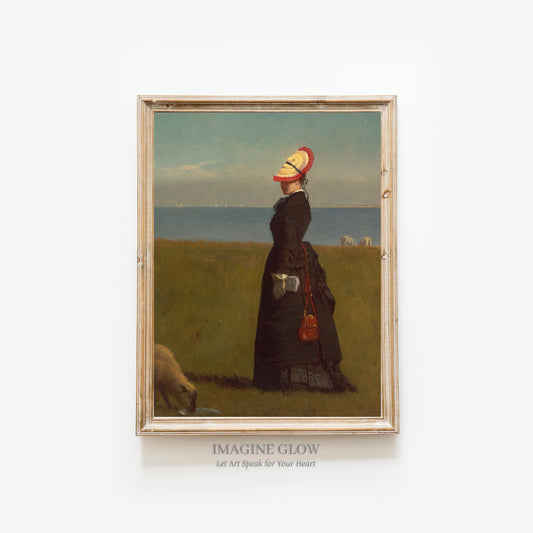 Classic artwork of a lady and lambs in a pastoral setting for wall decor