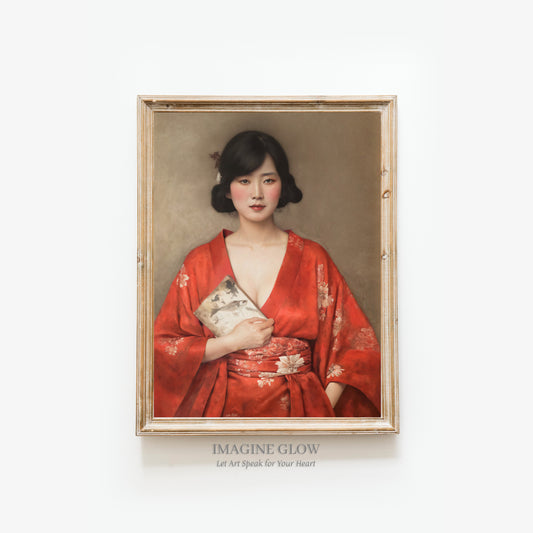 Timeless artwork of a woman in traditional red kimono for wall decor
