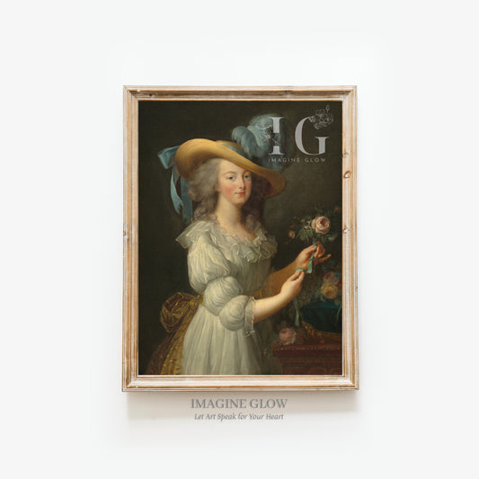 Printable vintage portrait of a beautiful lady making a bouquet.