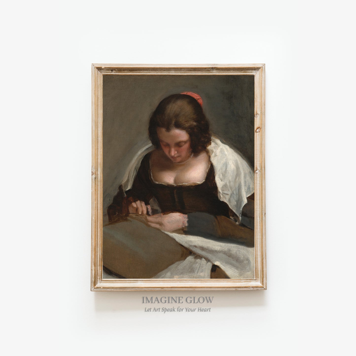 Printable vintage portrait of a seamstress for wall decor