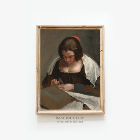 Printable vintage portrait of a seamstress for wall decor