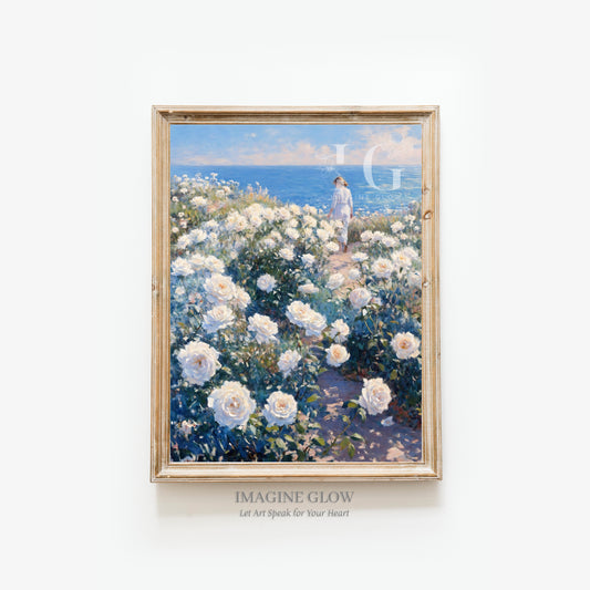 Romantic scene of a girl strolling through a rose path for decor