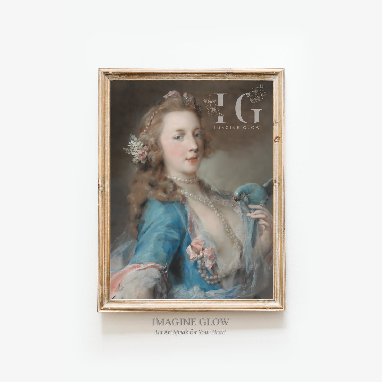 Enhance your decor with this printable vintage portrait wall art featuring a beautiful lady and a parrot. A timeless piece perfect for adding elegance and charm to any room.