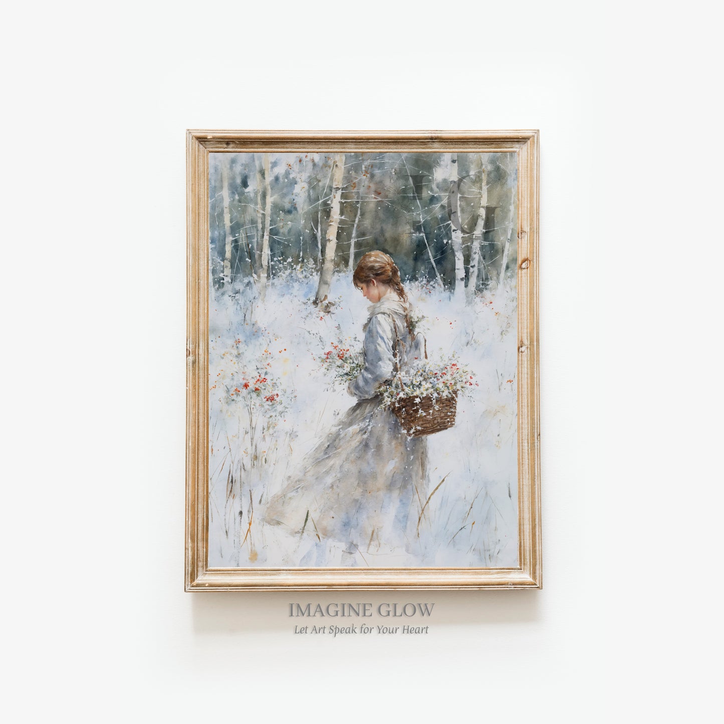 Classic portrait of a girl in a snowy winter forest for home decoration
