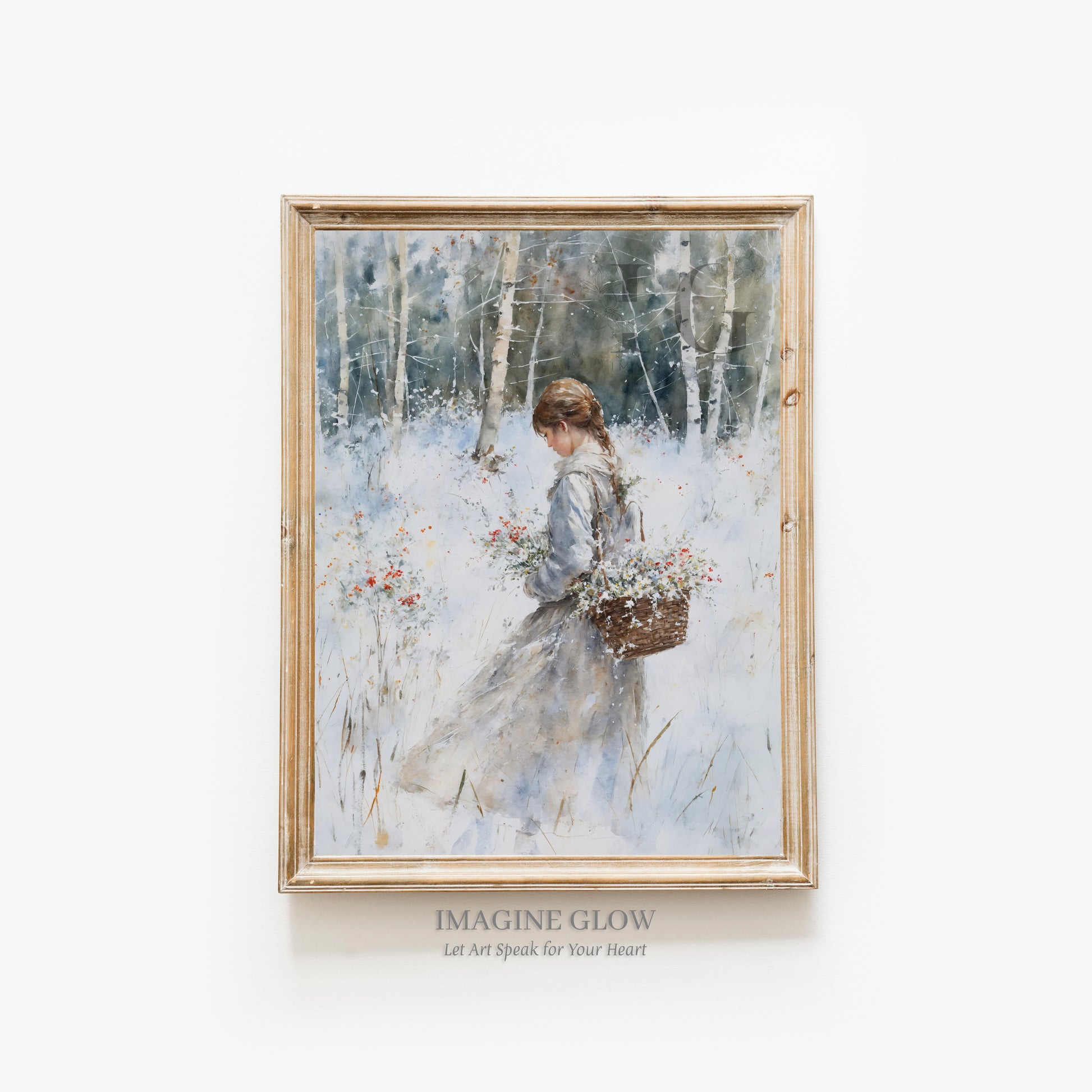 Classic portrait of a girl in a snowy winter forest for home decoration