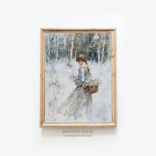 Classic portrait of a girl in a snowy winter forest for home decoration