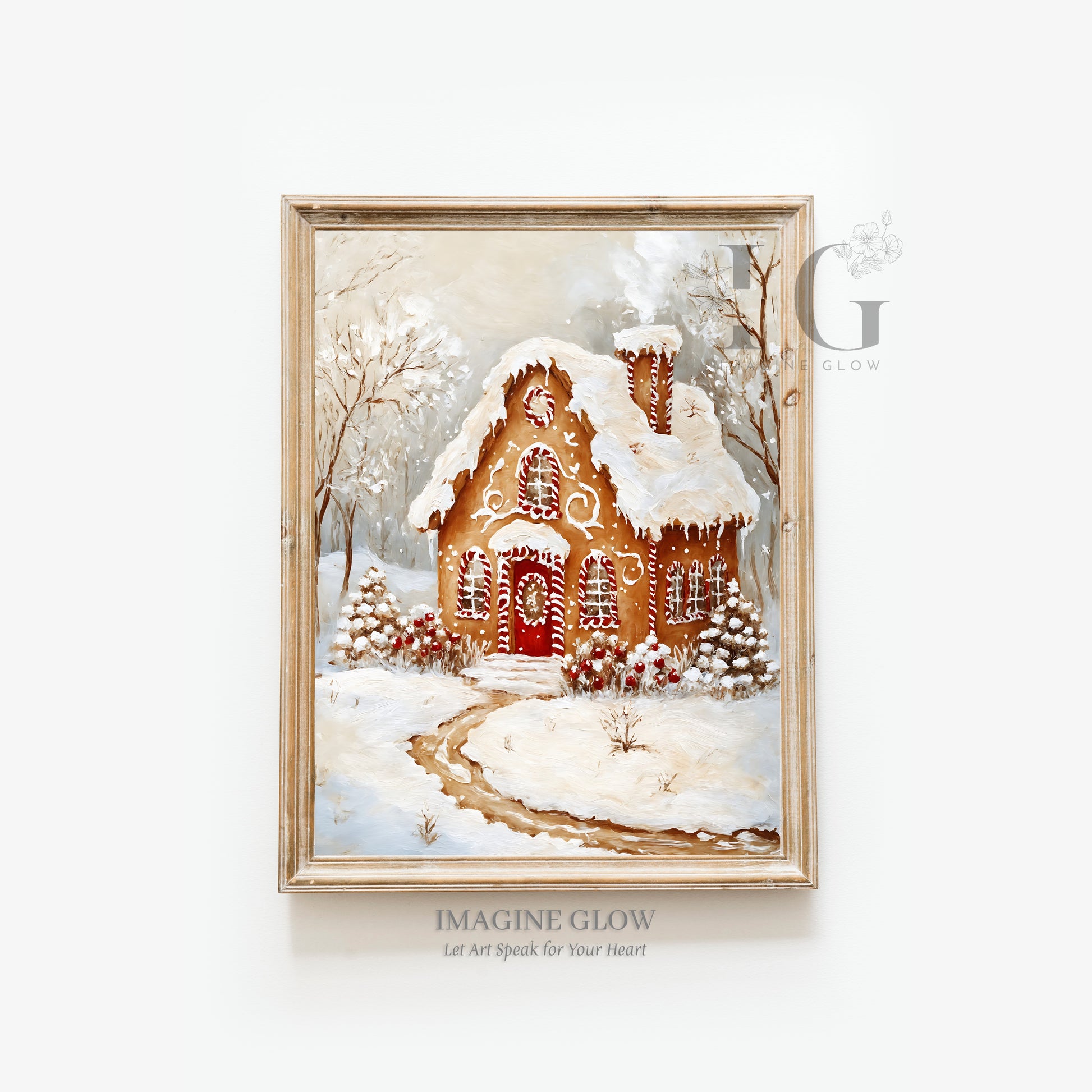 Printable Christmas gingerbread house artwork, perfect for adding seasonal charm to any room.