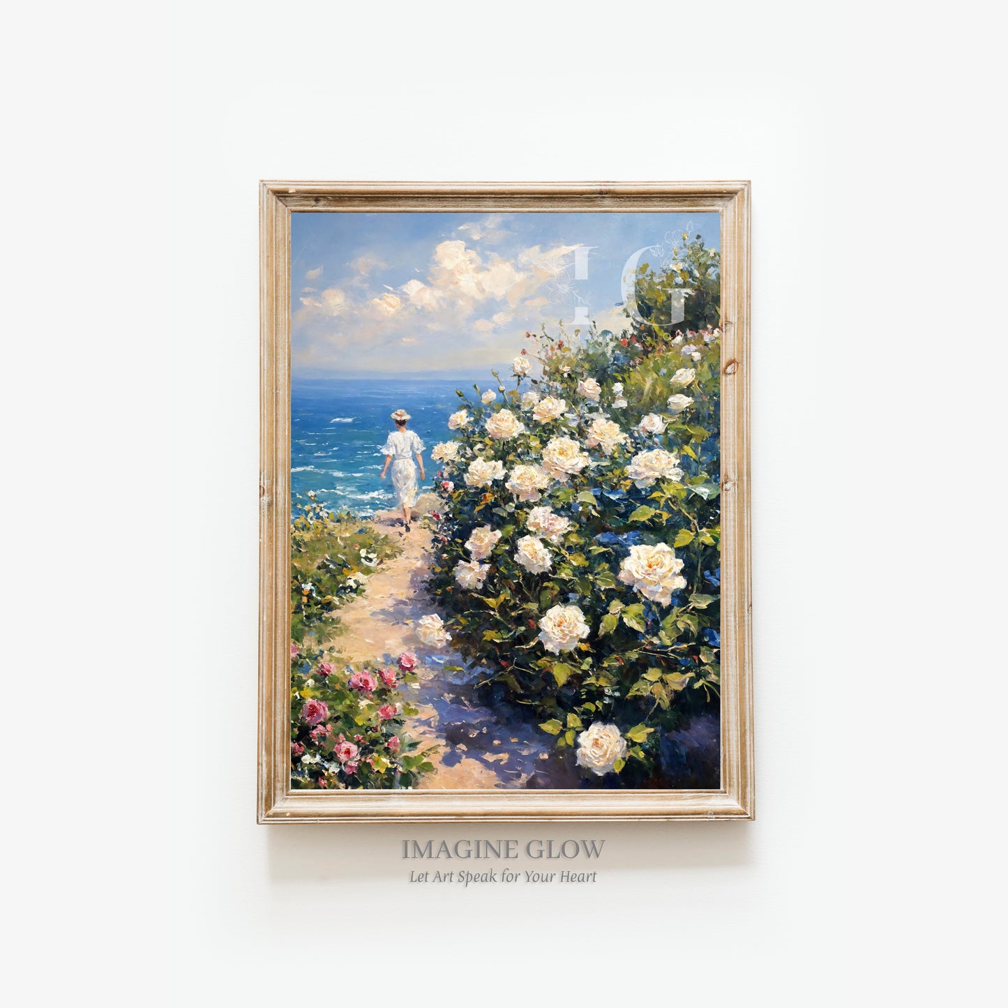 Printable vintage art of a woman walking in a rose path