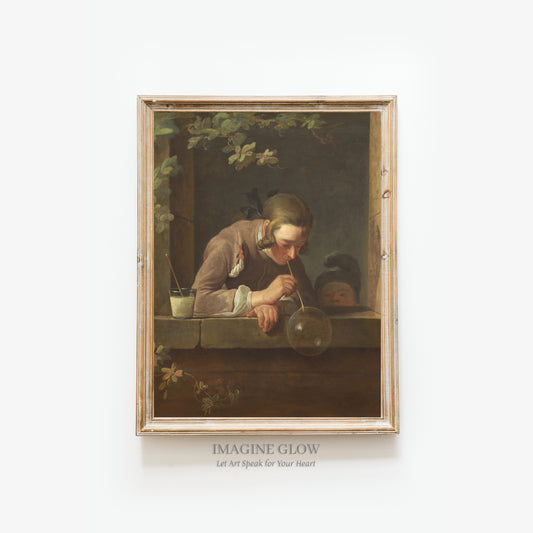 Classic vintage art of a boy blowing bubbles, perfect for nostalgic wall decor.