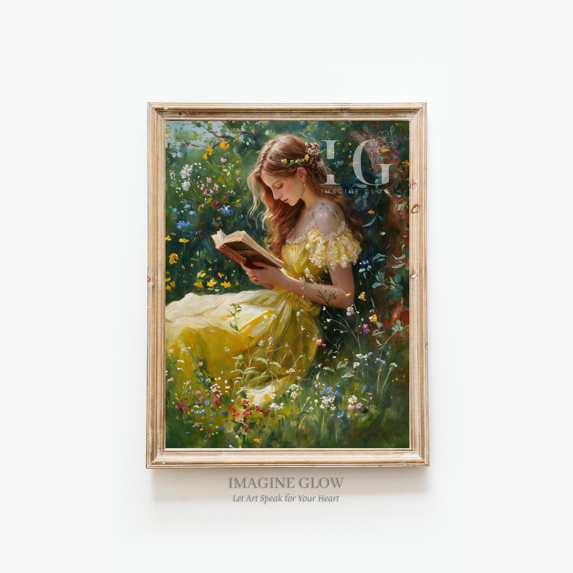 Peaceful wall art of a girl reading in nature's beauty for reading nook