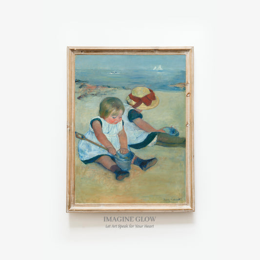 Vintage art of children playing at the beach, available as printable antique wall decor