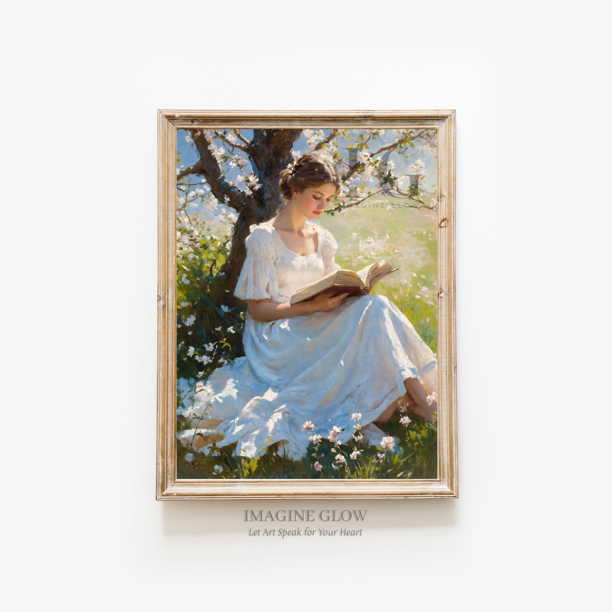 Antique-style art of a woman reading in a tranquil tree setting