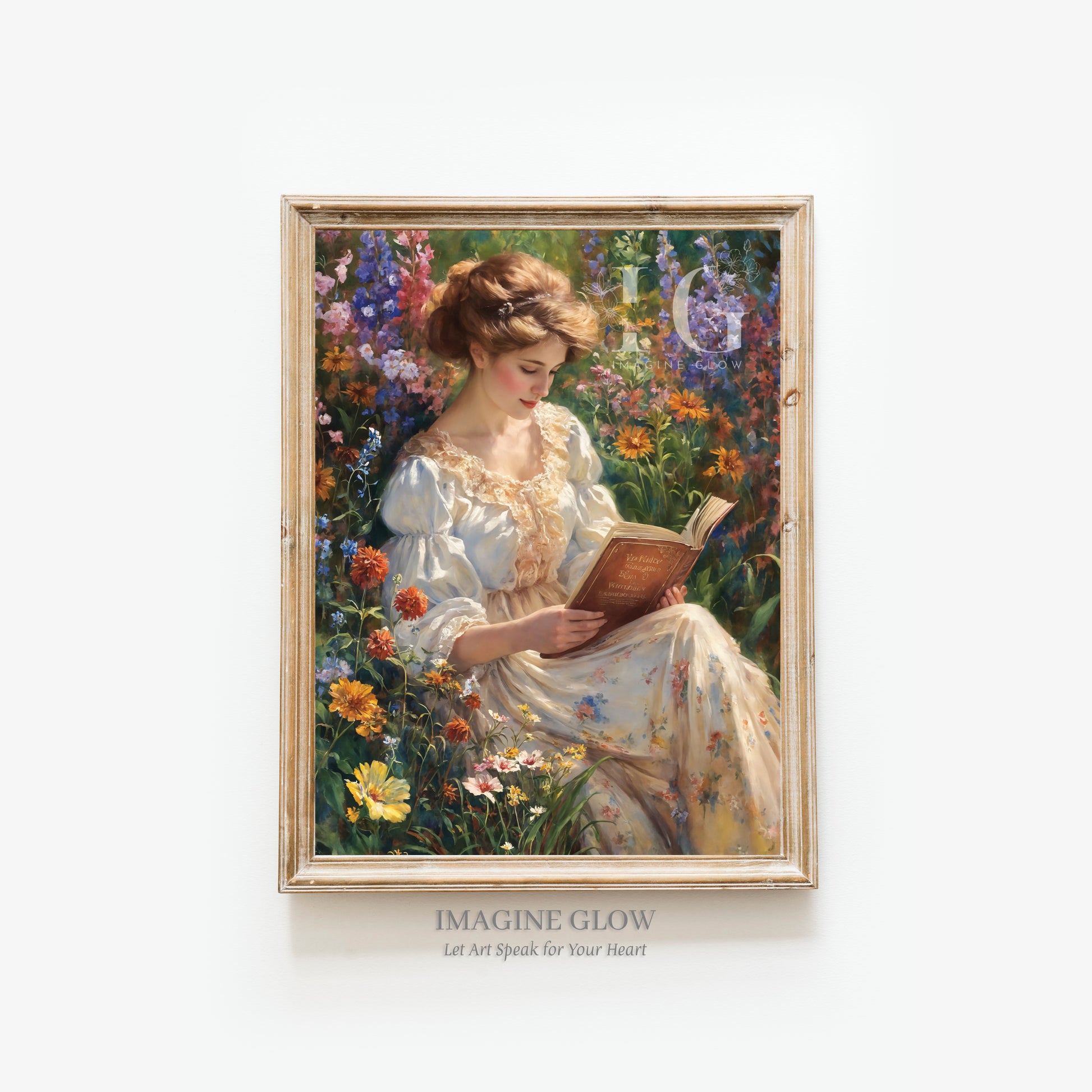 Serene wall art of a woman enjoying a book in a vibrant flower field