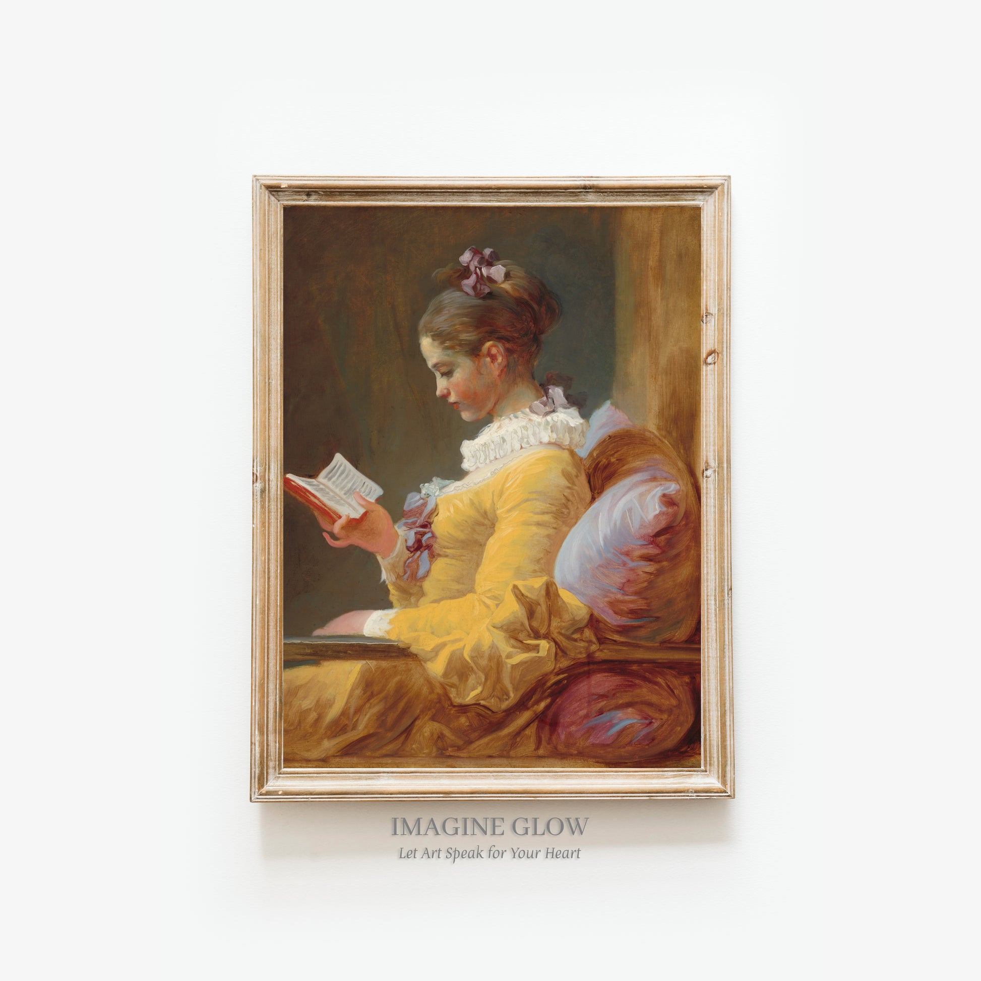 Printable vintage portrait of a girl reading a book for wall decor