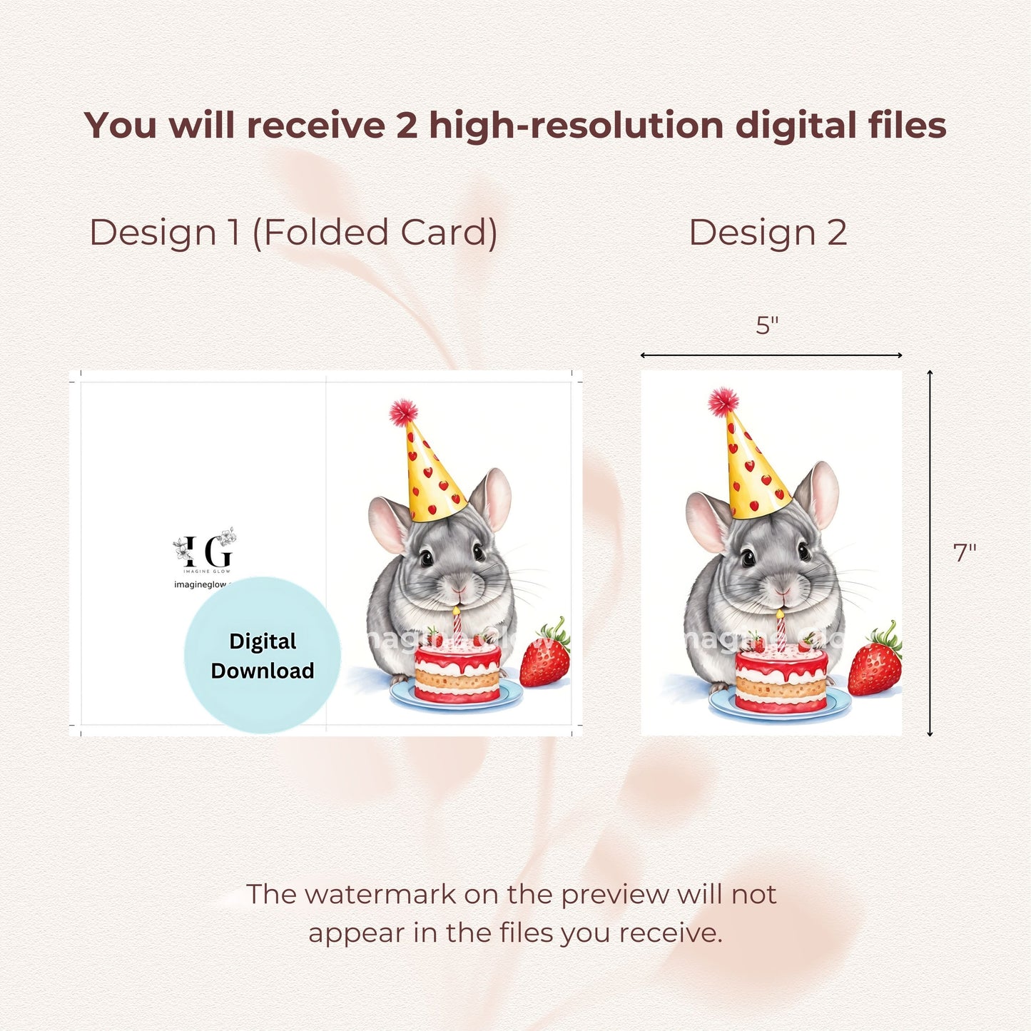 Printable chinchilla greeting card for birthdays, available as a digital download.