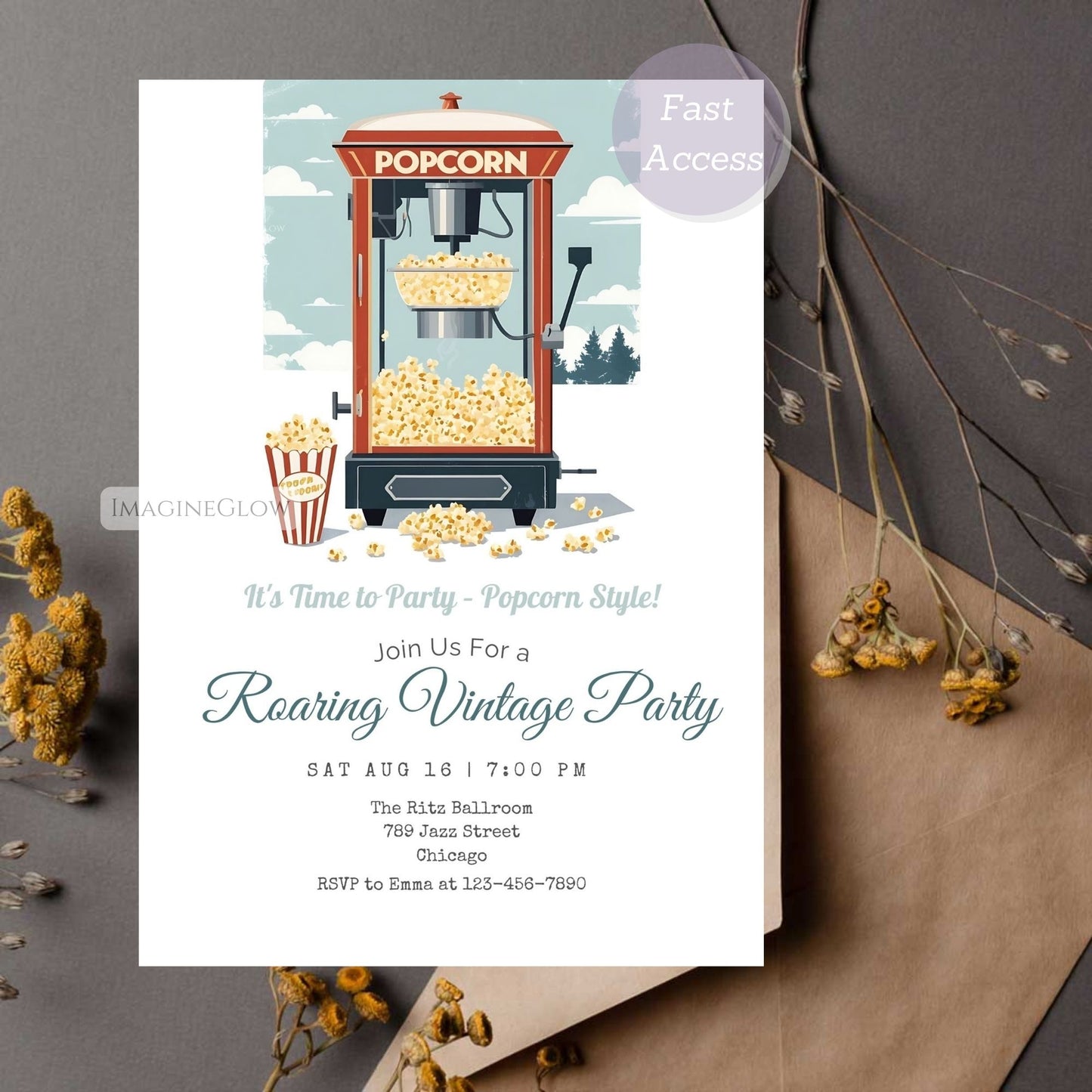 Retro popcorn machine party invitation, perfect for snacks and movie lovers, available as a digital download for easy printing and party planning