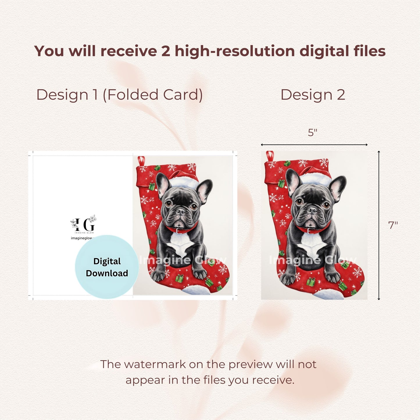 Printable Christmas greeting card featuring a cute French Bulldog in holiday theme.