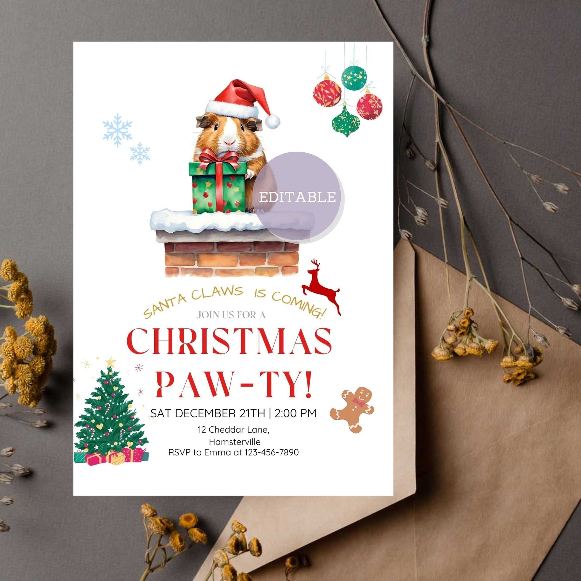 Customizable Guinea Pig Christmas Party Invitation Template for Holiday Celebrations