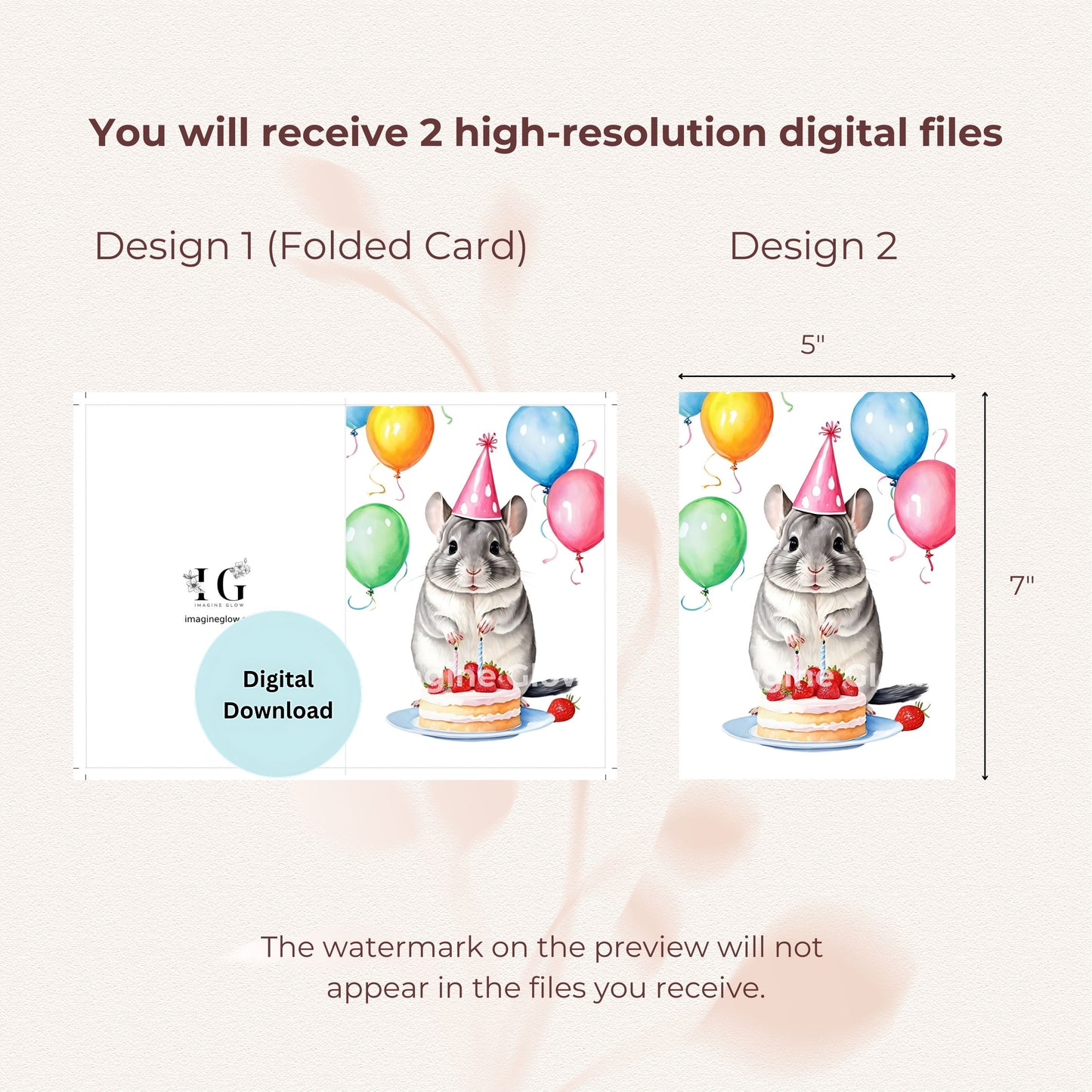 Printable chinchilla greeting card for birthdays, available as a digital download.