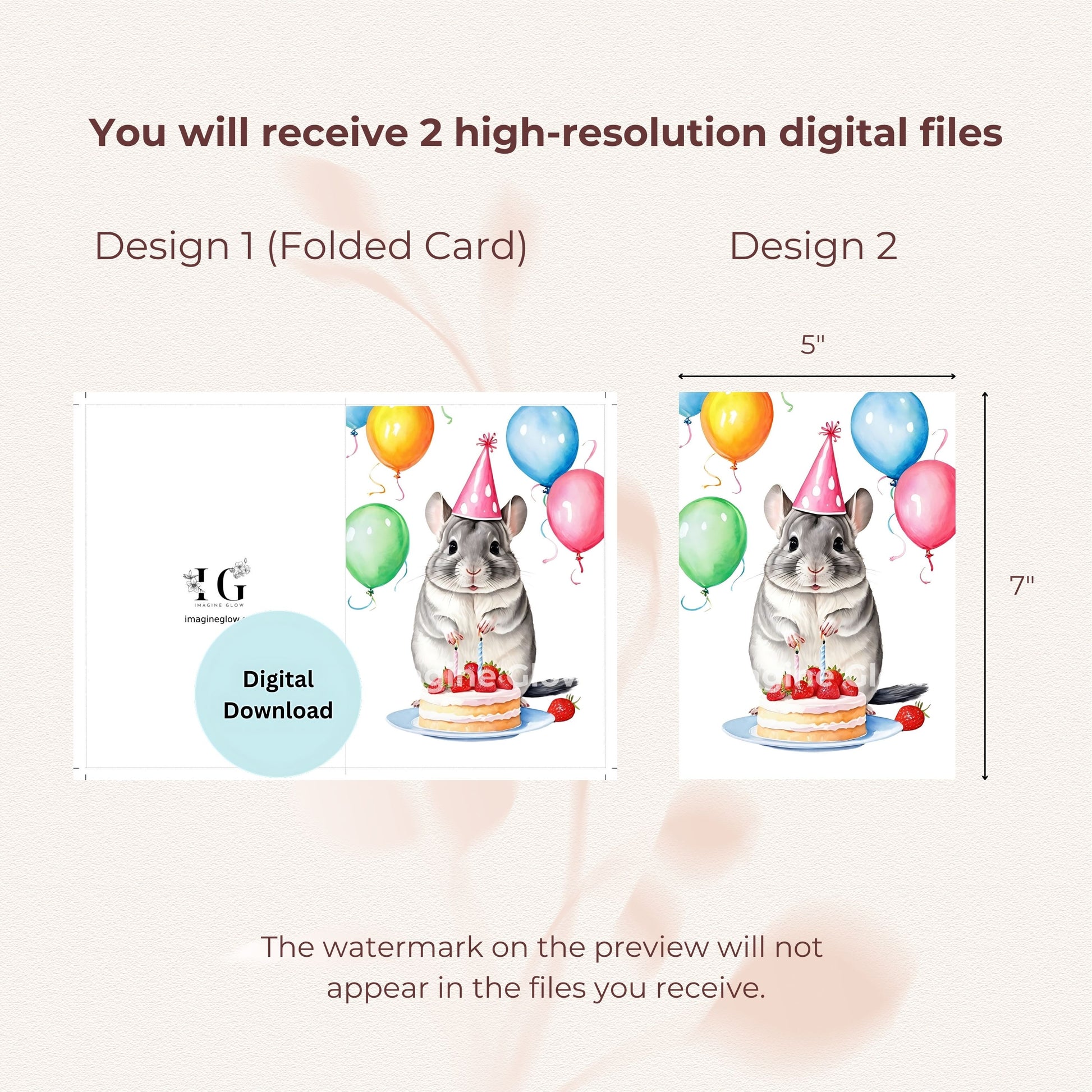 Printable chinchilla greeting card for birthdays, available as a digital download.