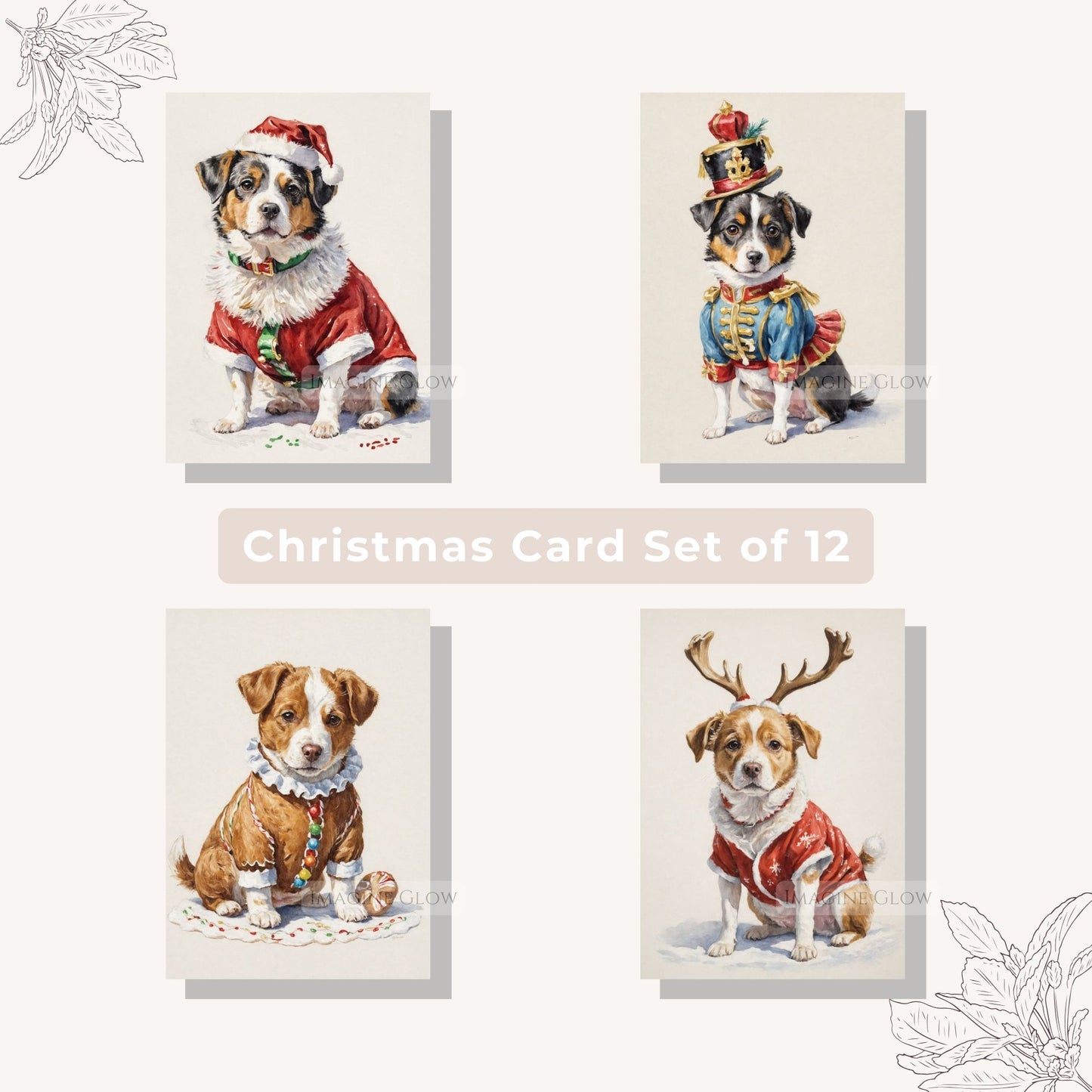 Dog Christmas card set printable featuring 12 festive designs