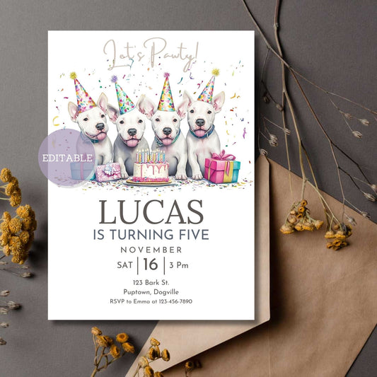Custom Bull Terrier dog birthday invitation with playful design.