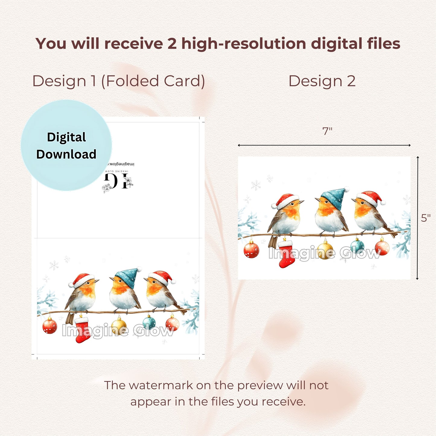 Printable holiday greeting card with a charming robin illustration