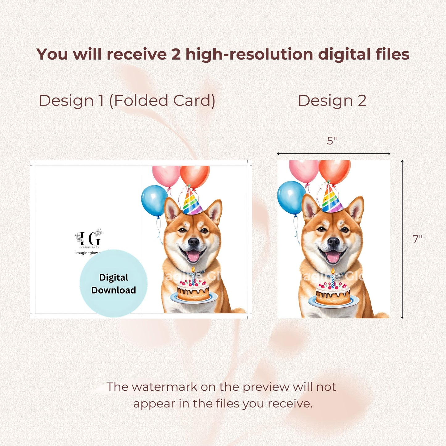 Printable birthday greeting card featuring a Shiba Inu.