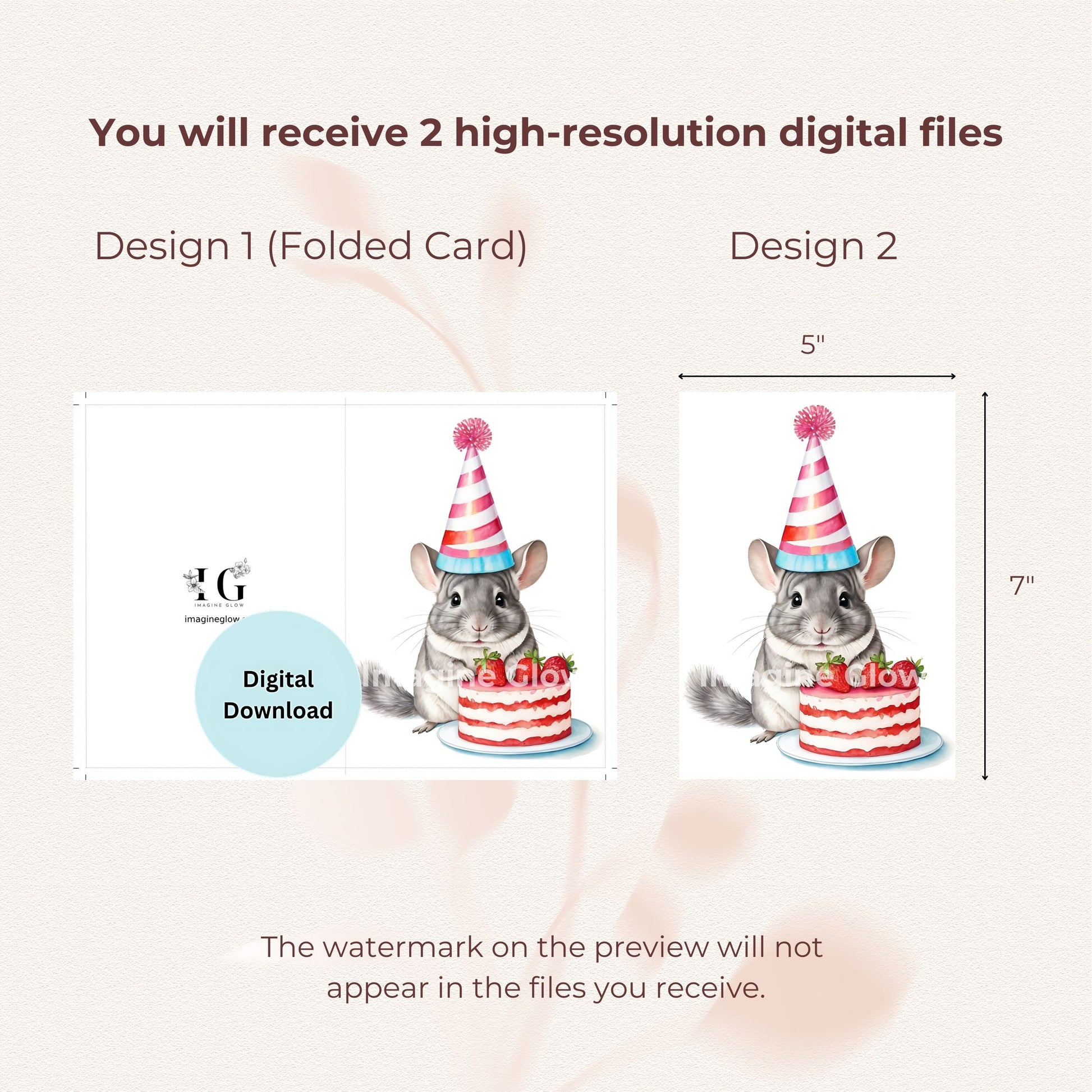 Printable chinchilla greeting card for birthdays, available as a digital download.