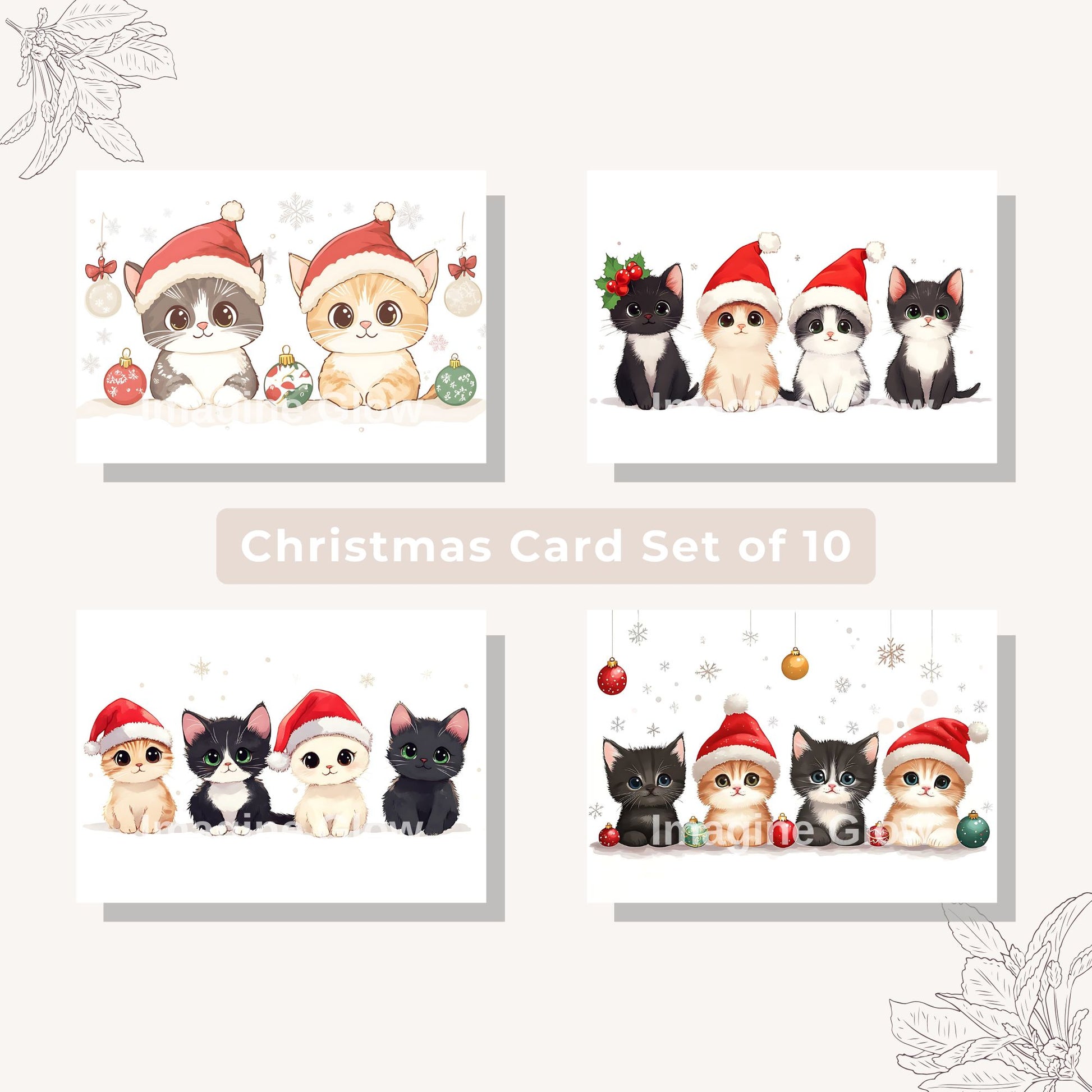Set of 10 festive cat-themed Christmas cards for holiday greetings.
