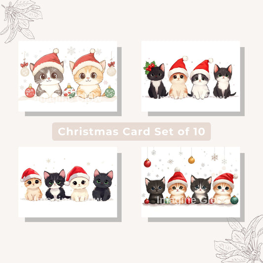 Set of 10 festive cat-themed Christmas cards for holiday greetings.