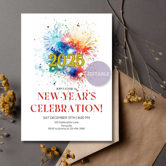 Editable 2025 New Year's Eve Fireworks Invitation Template