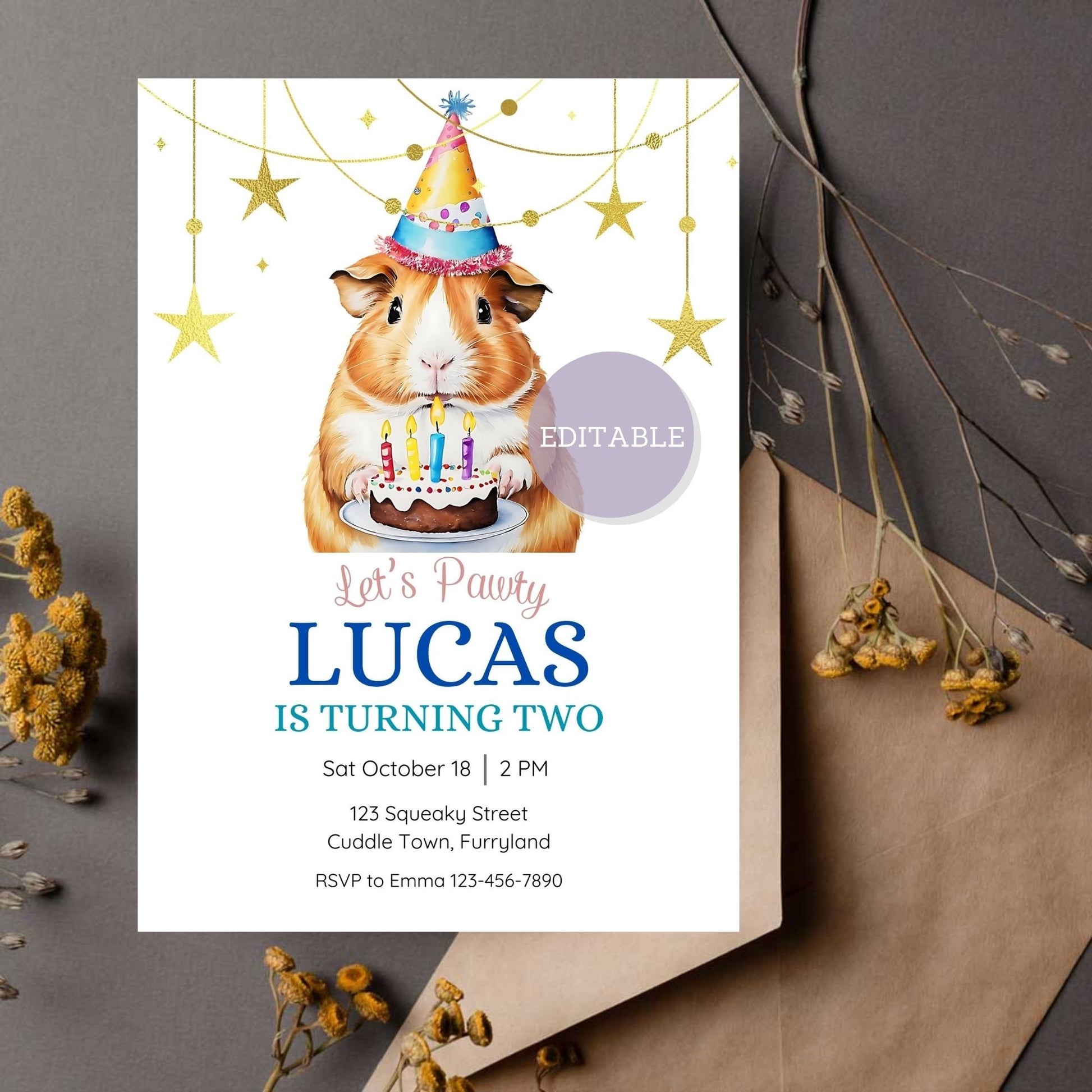 Editable birthday invitation template featuring an adorable guinea pig design, perfect for personalizing your child's birthday celebration.
