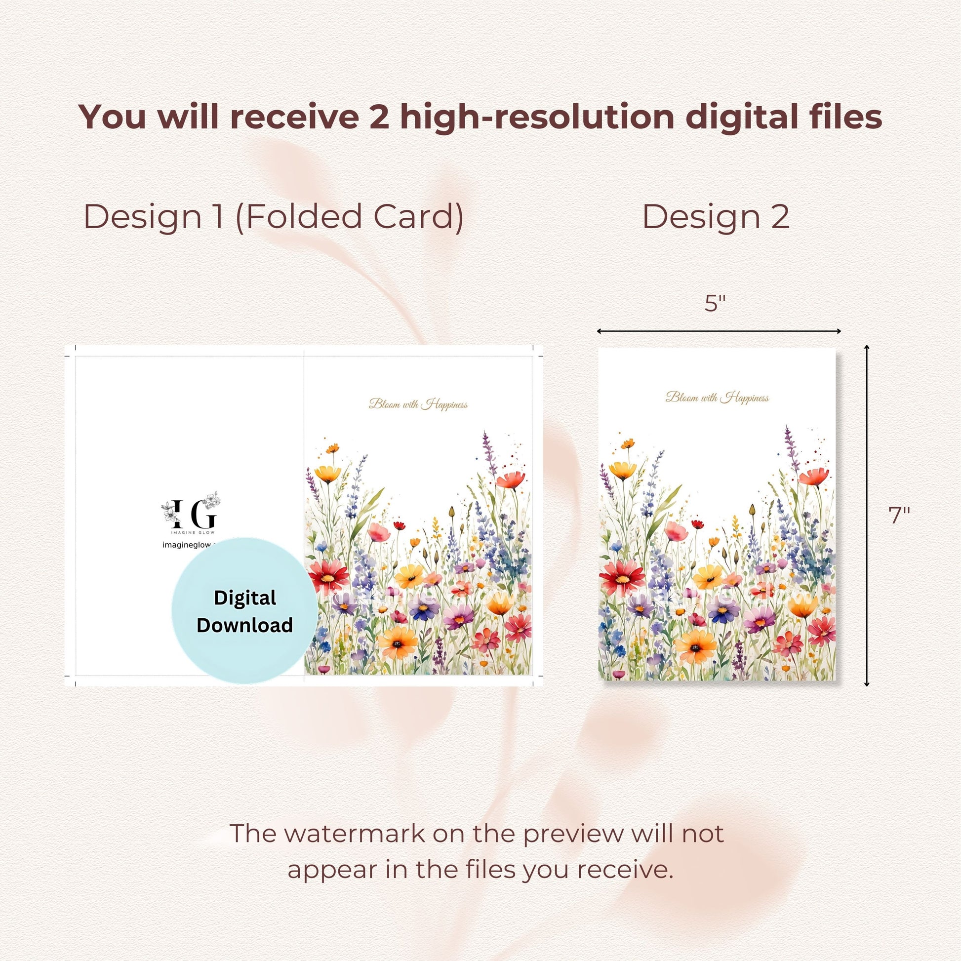 Colorful wildflower greeting card with “Bloom with Happiness” message