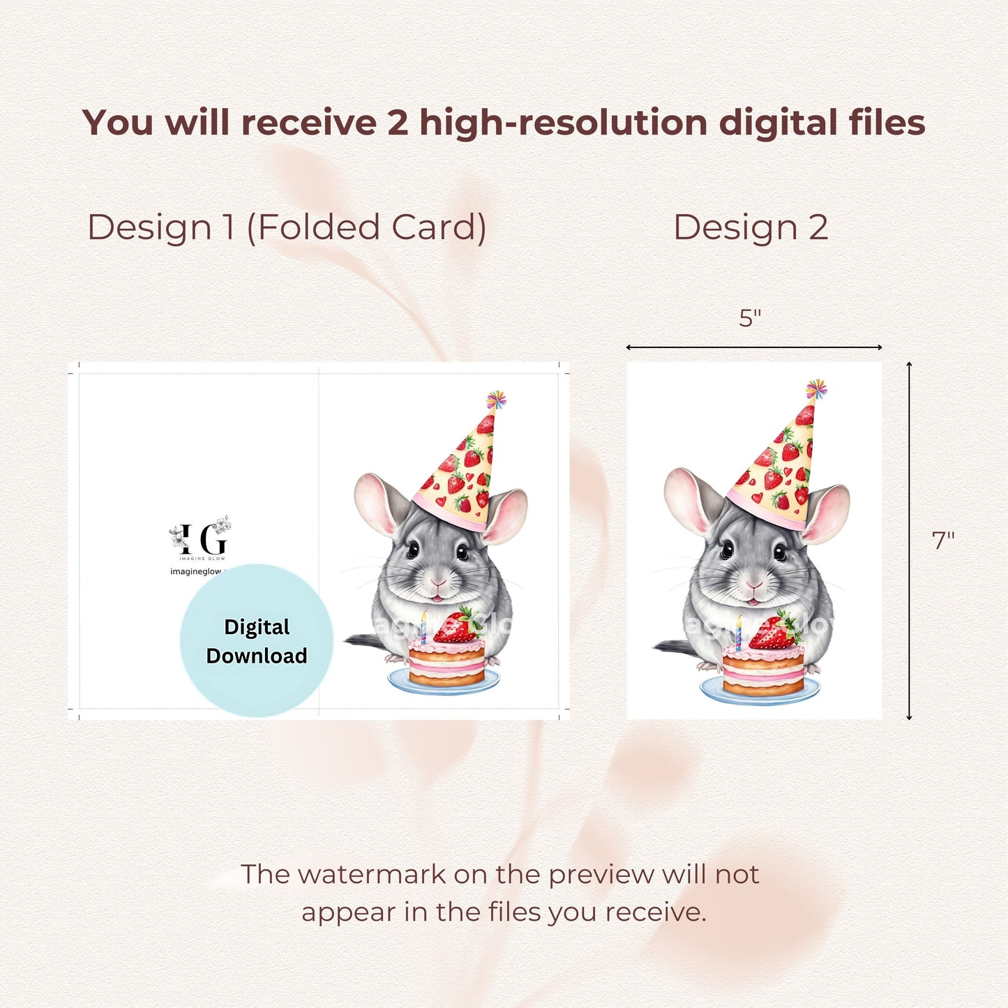 Printable chinchilla greeting card for birthdays, available as a digital download.