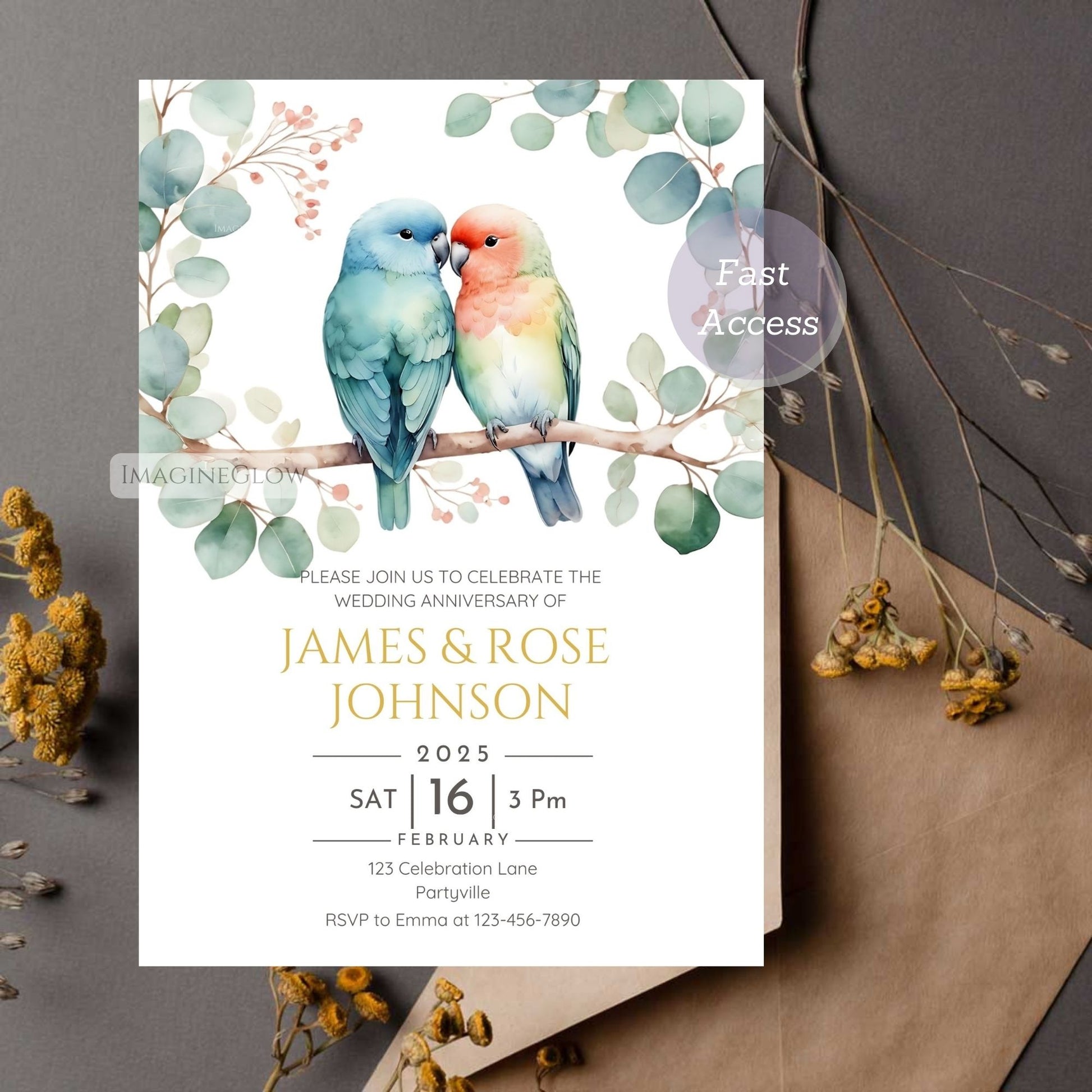 Editable lovebirds anniversary invitation template for any celebration, designed in Canva