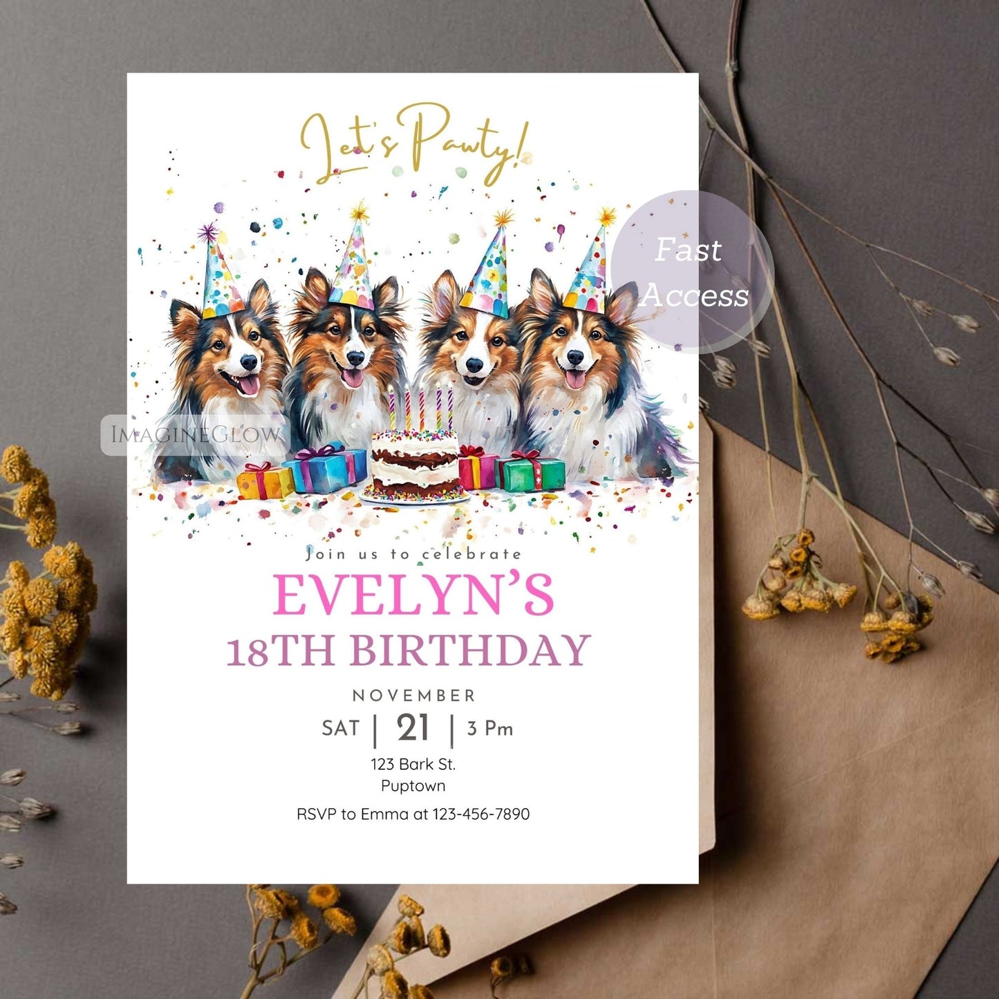 Shetland Sheepdog dog birthday invitation template with customizable