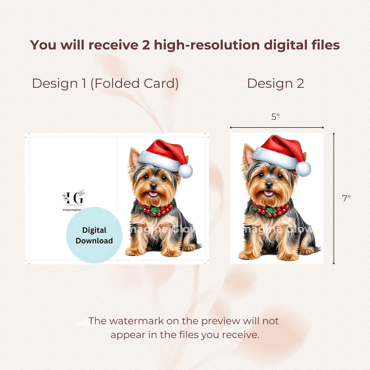 Printable dog festive card showcasing an adorable Yorkshire Terrier.