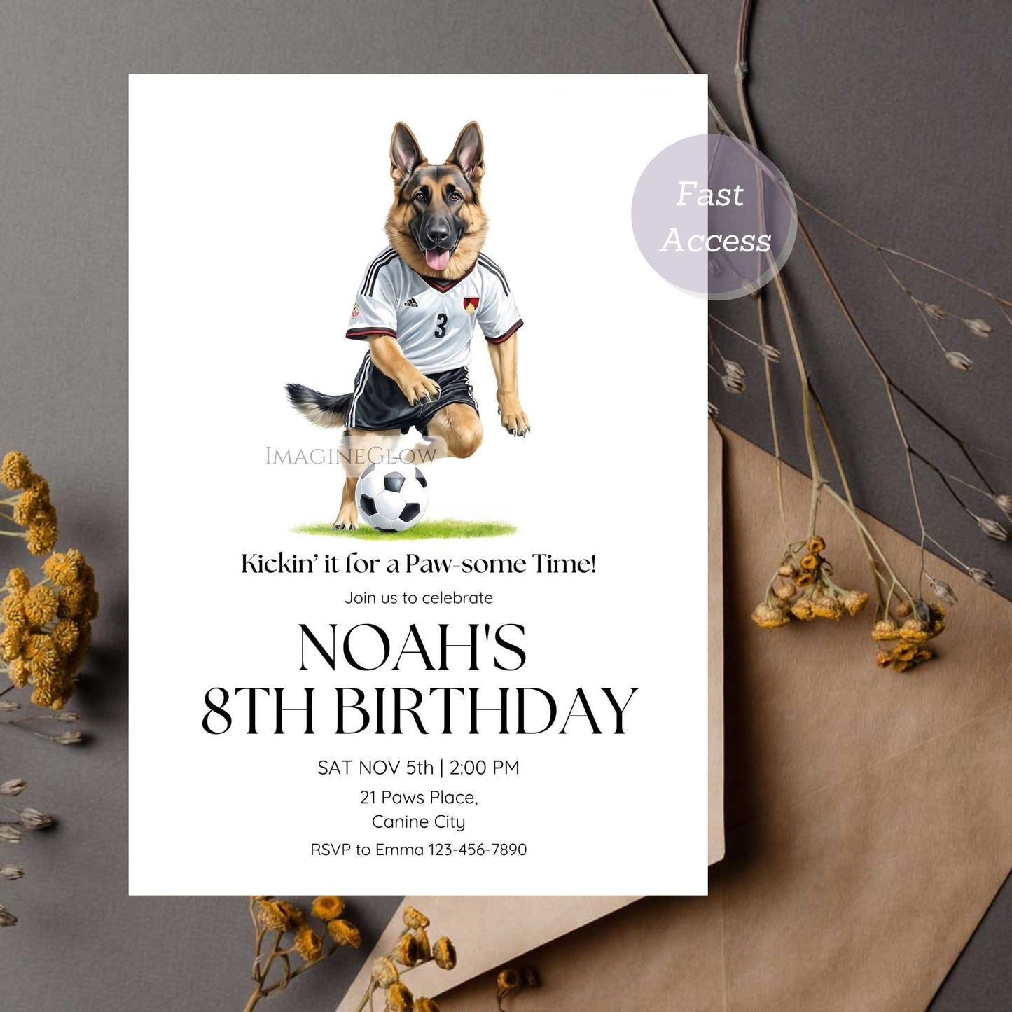 German Shepherd dog soccer birthday invitation for a fun party theme
