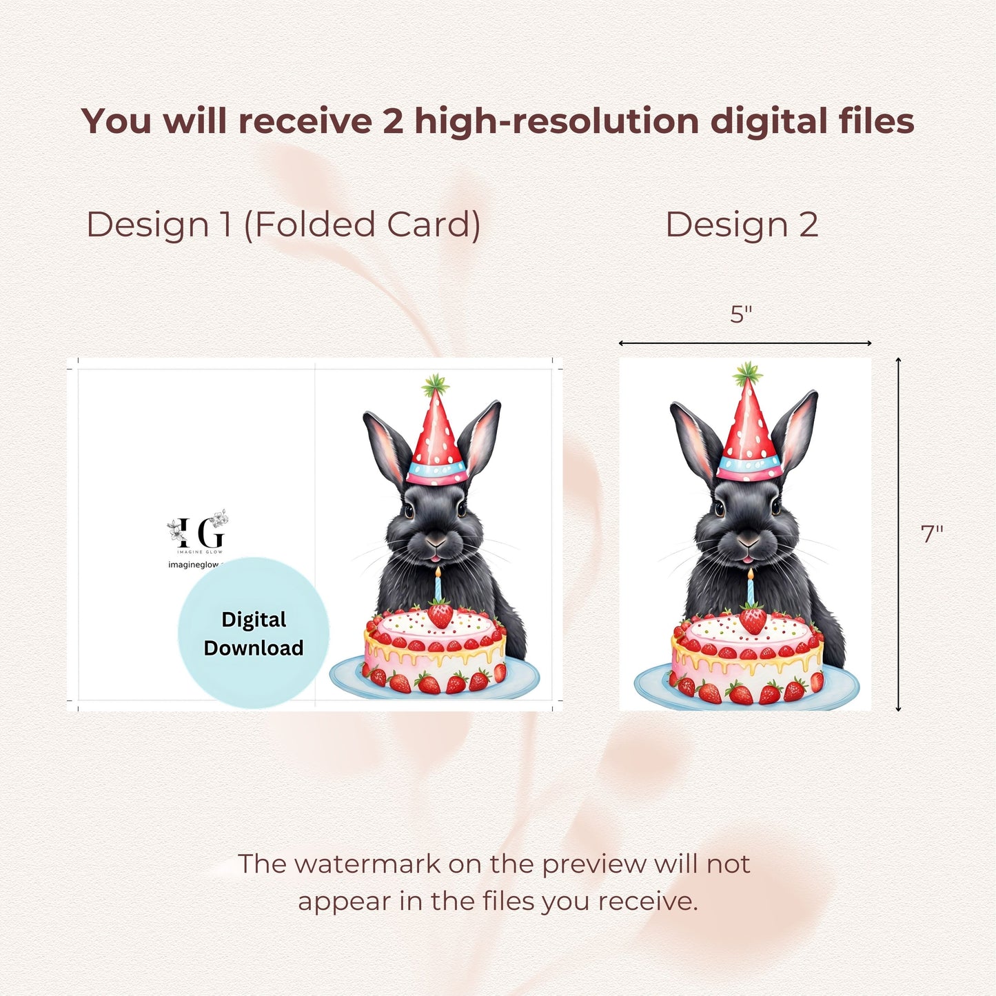 Adorable Black Bunny birthday card, digital download.