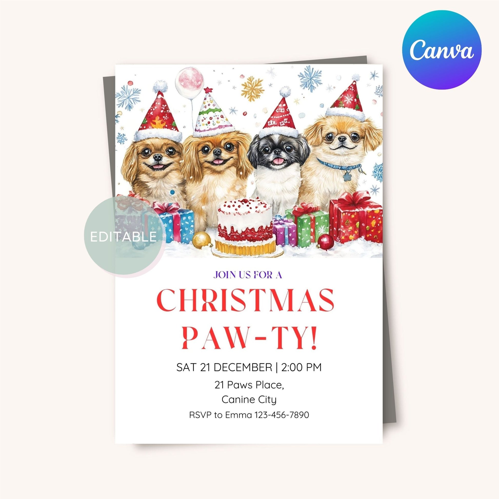 Digital Pekingese Holiday Invitation - Editable Christmas party invite with a dog theme, available for download and print.
