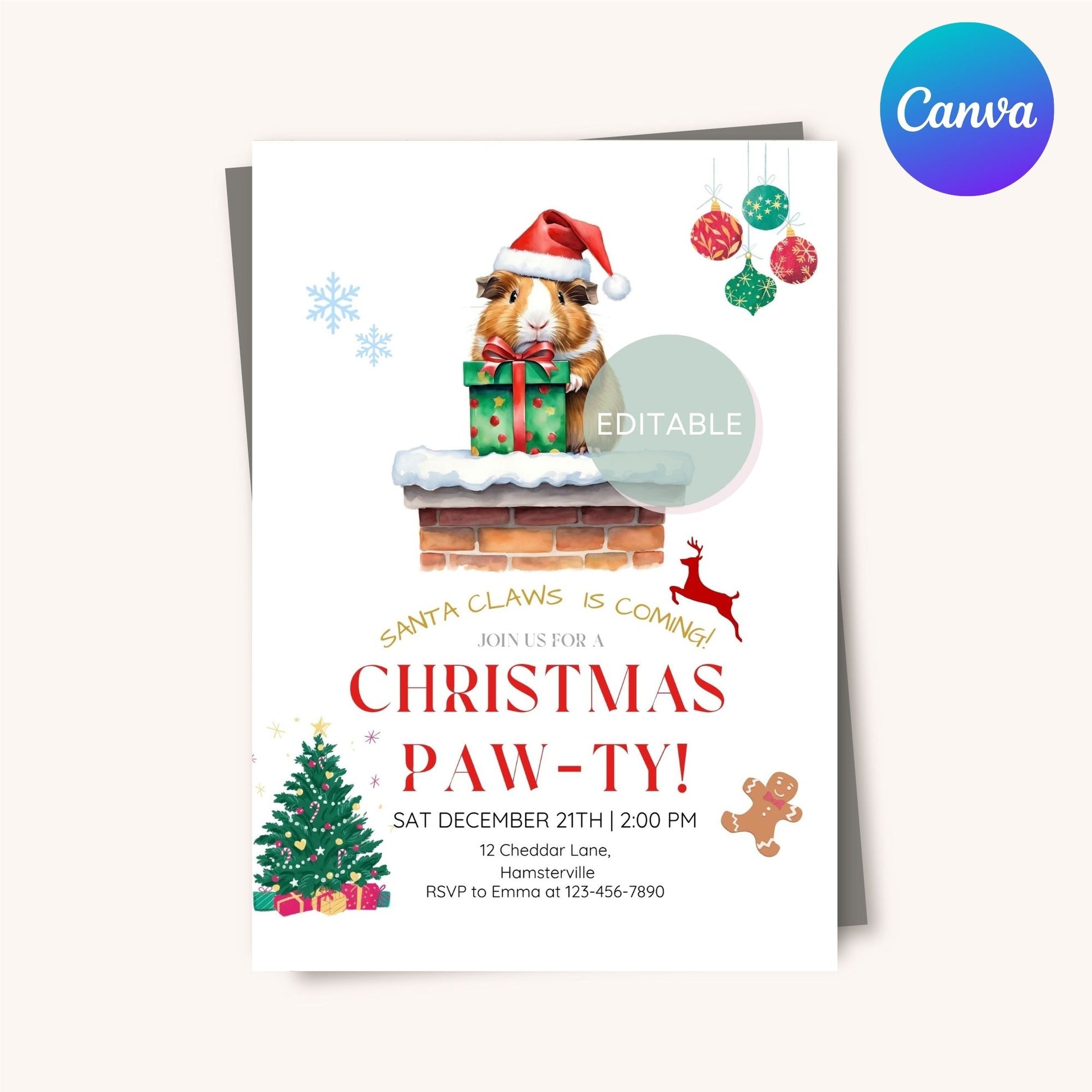 Festive Guinea Pig Christmas Party Invite with Editable Text and Design