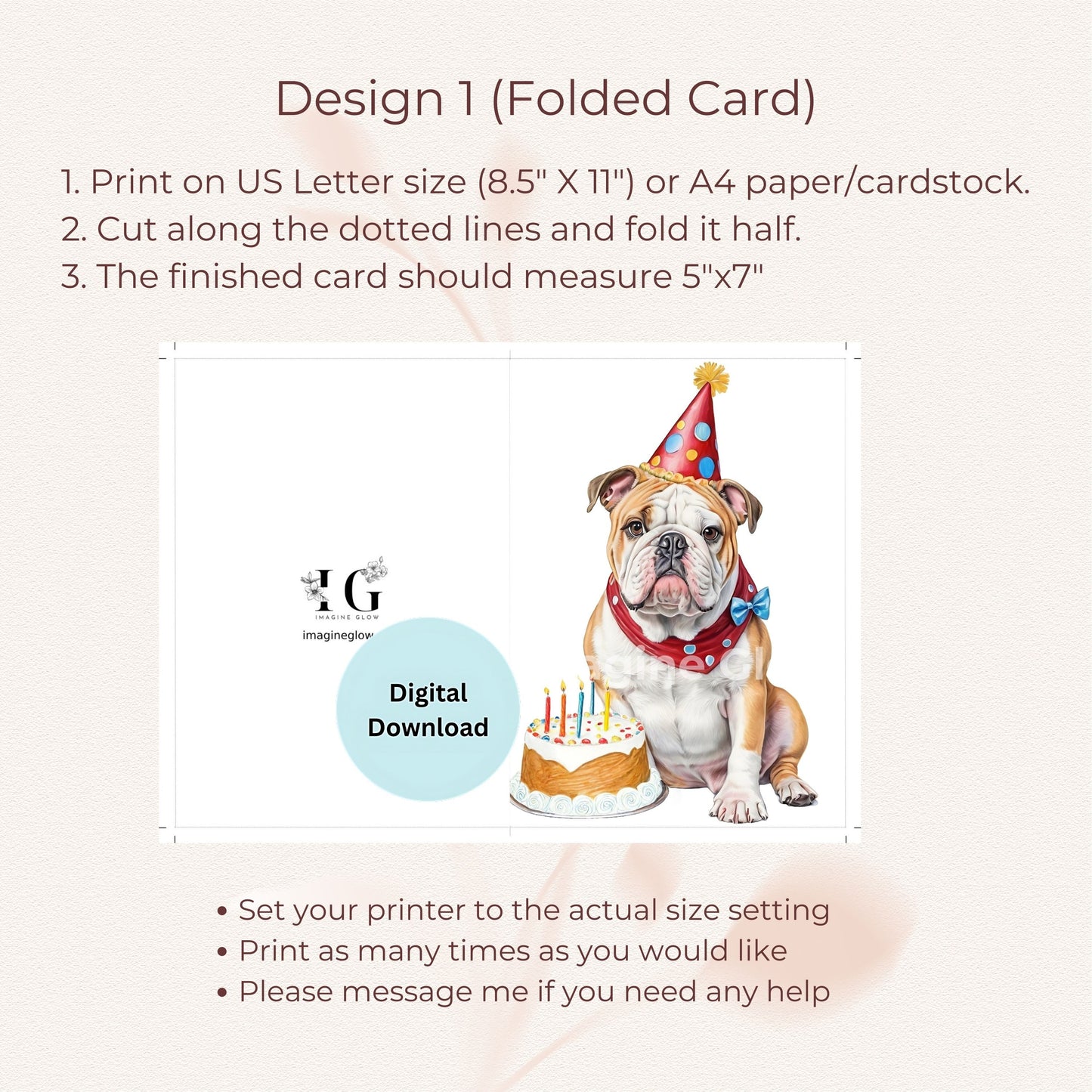 Charming Bulldog-themed birthday card, digital download.