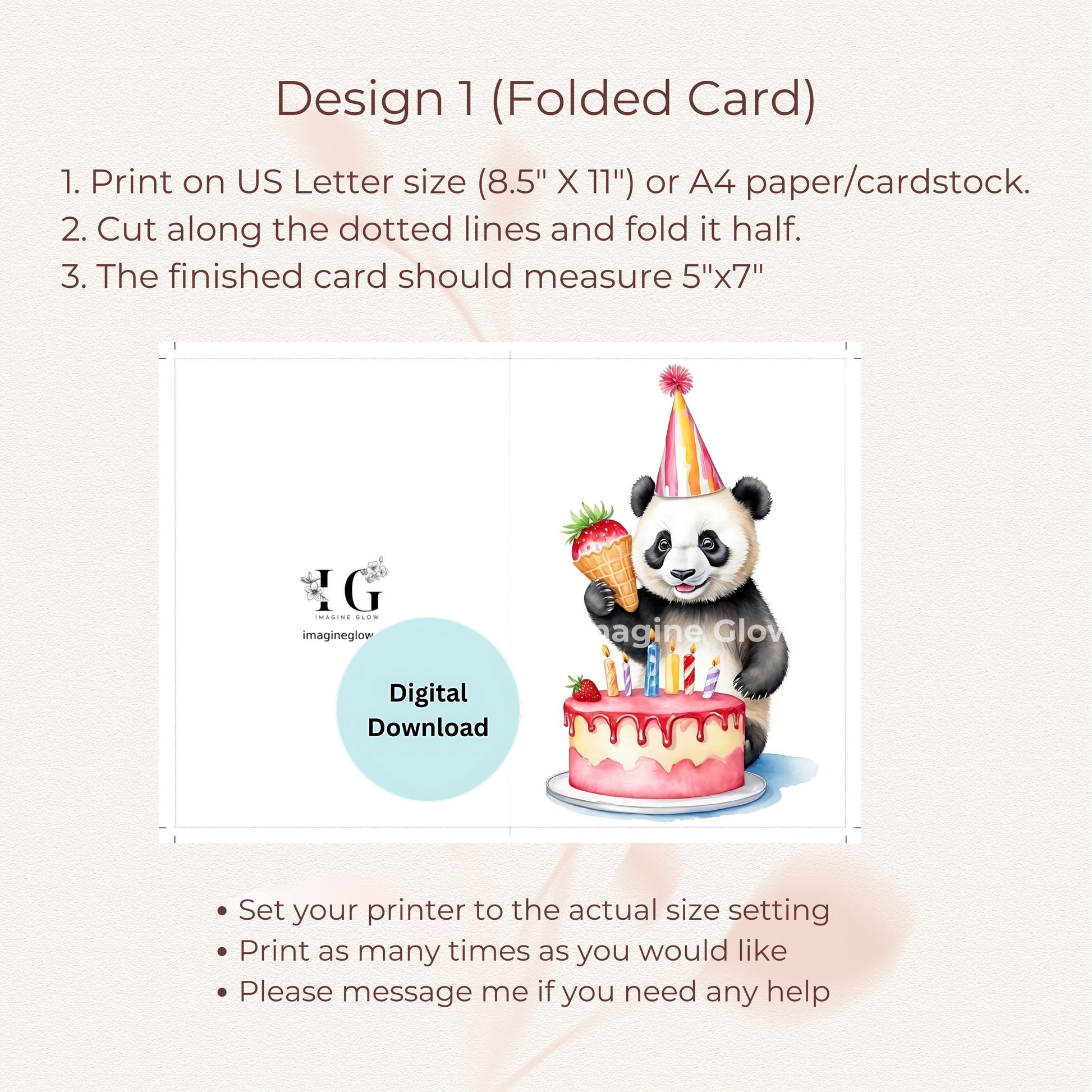 Panda birthday greeting card, available as a digital download for easy printing.
Charming panda-themed birthday card, perfect for celebrating a special day.
Fun and playful panda birthday card, great for friends, family, or children.