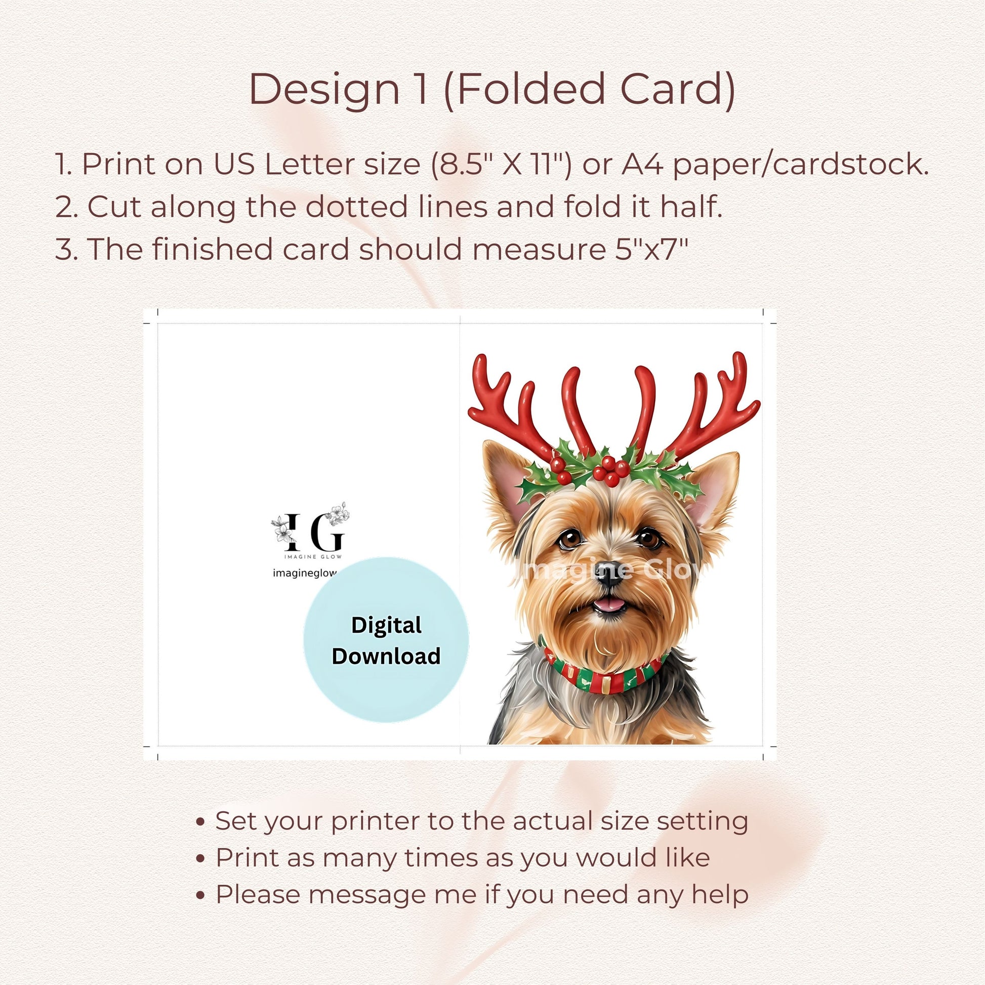 Cute holiday card perfect for dog lovers celebrating Christmas.
Digital download of a Yorkshire Terrier Christmas card for sharing holiday cheer.